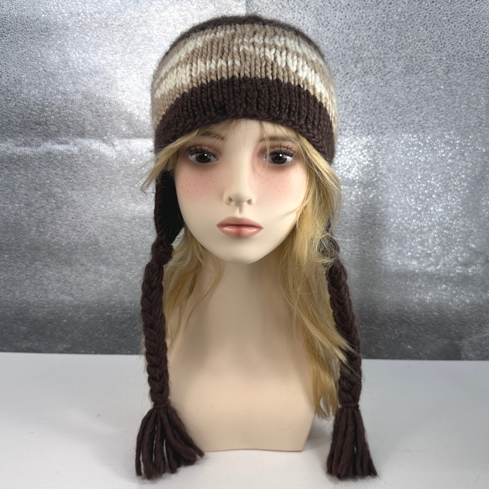 Dakine Y2K Brown Fair Isle Knit Earflap Beanie Braided Ski Snowboard Hat Granola